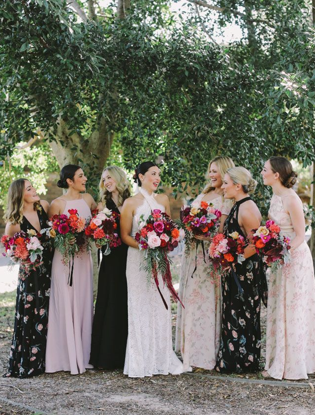 pink floral print bridesmaid dresses